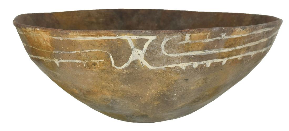 13 1/4" D. Caddo Friendship Bowl. Friendship engraving: 13 1/4" D. Caddo Friendship Bowl. AR. Large, finely shaped. Repaired from large sections with some restoration on rim. Excellent example, imposing bowl. Friendship engraving around rim. Ex-Kevin Pipes