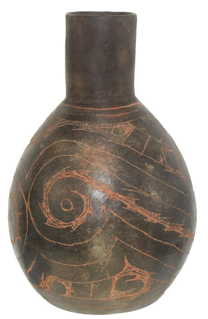 7 3/8" H. Haley Engraved Caddo Bottle. Excellent: 7 3/8" H. Haley Engraved Caddo Bottle. AR. Excellent symmetry. Artistically engraved. Bowl appears solid. Some repair to neck and rim. Ex-Kevin Pipes