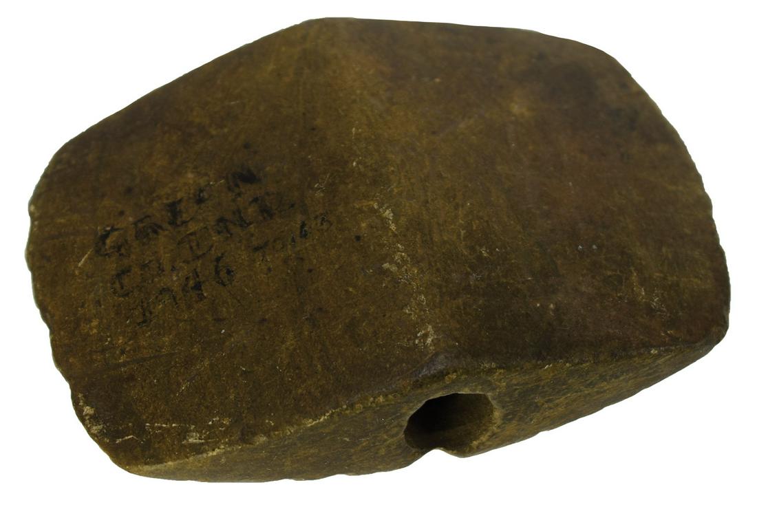 3 1/2" Axe Bannerstone. Green Co, IN. Found in 1946.: 3 1/2" Axe Bannerstone. Green Co, IN. Polished light green Slate or Greenstone. Finely shaped, some light nicks on edge. Found in 1946. Ex-Dr. Charles Gish.