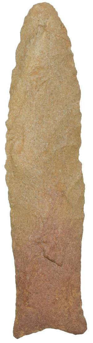 4 7/16" Hazel Clovis. Adair Co, KY (Brock Farm). Davis: 4 7/16" Hazel Clovis. Adair Co, KY (Brock Farm). Large, rugged Paleo point in good condition. Rare type. Davis G8 COA