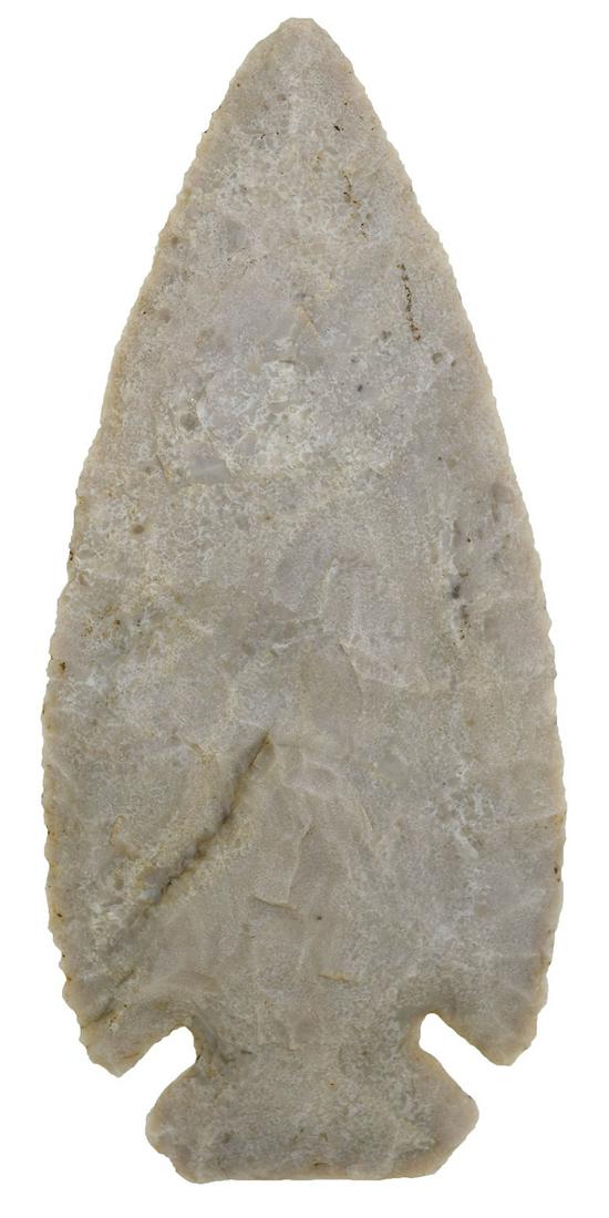 5" Thebes. Ohio. Chalcedony. Pictured in Townsend's: 5" Thebes. Ohio. Made of Chalcedony. Very nice and sizable Early Archaic point from the Earl Townsend Collection (#629, acquired 1951). Pictured in Townsend's January 2015 Sale Catalog. Putty G10 COA