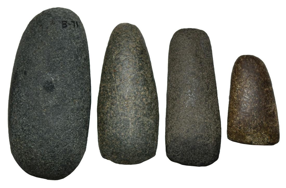 4 Indiana Stone Tools: All good condition. Ex-Gish: 4 Indiana Stone Tools: 4 1/4" Adz, 4" Celt, 5" Celt from Carroll Co, IN. 2 5/8" Adz found in Marion Co, IN by Kirk Moreland. All good condition. Ex-Gish Collection