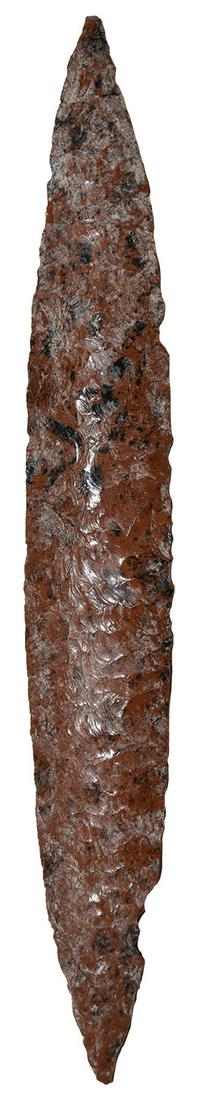 11 15/16" Bi-Pointed Blade. Estapilla, MX (Colima).: 11 15/16" Bi-Pointed Blade. Estapilla, MX (Colima). Beautiful Mahogany Obsidian. Excellent, detailed flaking. Pre-Columbian. Rare, unbroken example for this size. 3.11.20: Added side view