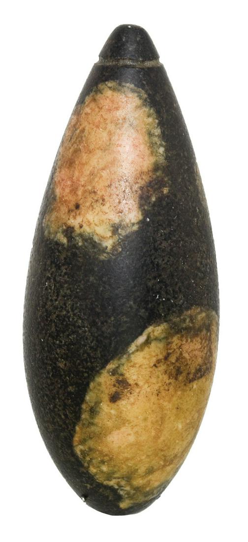 2 3/4" Grooved Plummet. Adams Co, IN. Porphyry. Fine: 2 3/4" Grooved Plummet. Adams Co, IN. Porphyry. Fine symmetry, good polish. Very fine condition
