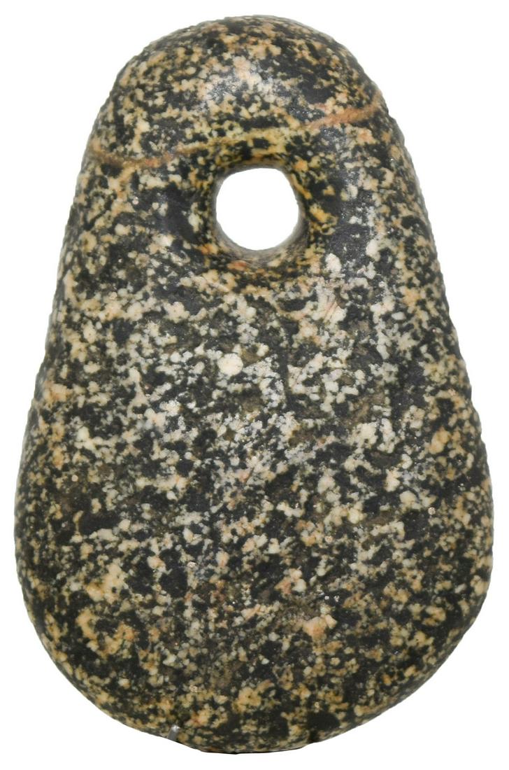 2 1/2" Chumash Drilled Hardstone Pendant. Santa: 2 1/2" Chumash Drilled Hardstone Pendant. Santa Barbara Co, CA. Speckled Granite. Nicely shaped, good polish. Ex-Steve Bohm