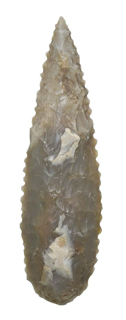2" Chumash Leaf Blade. Santa Barbara Co, CA. Thin,: 2" Chumash Leaf Blade. Santa Barbara Co, CA. Thin, fine serrations. Green Franciscan Chert. Nice. Ex-Pop Ruth. Classic Excelsior styling. Very old blade, circa 2000 BC to 300 AD.