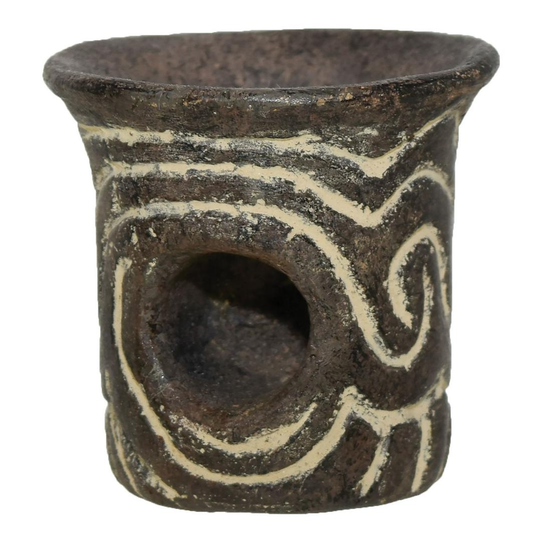 1 13/16" Engraved Caddo Pipe. AR. Ceramic with some: 1 13/16" Engraved Caddo Pipe. AR. Ceramic with some restoration. Fine example. Ex-Kevin Pipes, Kevin Farmer