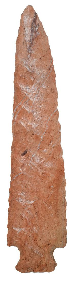 5 3/4" Elk River. Rogers COA. Davidson Co, TN. Red: 5 3/4" Elk River. Davidson Co, TN. Wonderful lateral flaking. Red Buffalo River Chert. A large example of a rare point type in very fine condition. Ex-John Davidson. Rogers COA