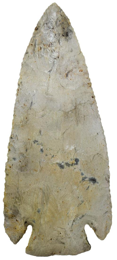 4 5/8" Lost Lake. Lauderdale Co, AL. Rogers COA.: 4 5/8" Lost Lake. Lauderdale Co, AL. Dover patinated to a light gray. Very nice. Fine edgework leaving minute serrations. G10. Ex-Brad McKenzie. Rogers COA