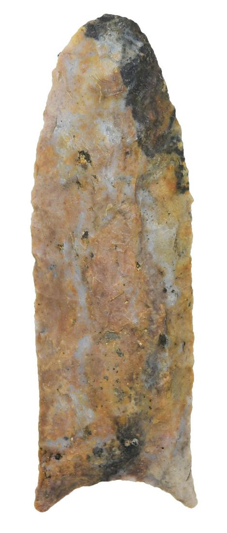 3 3/16" Ohio Clovis. Rogers COA. Flintridge. Well: 3 3/16" Ohio Clovis made of blue and gray Flintridge. Well made, long ears. Ex-Gilbert Cooper. Rogers COA