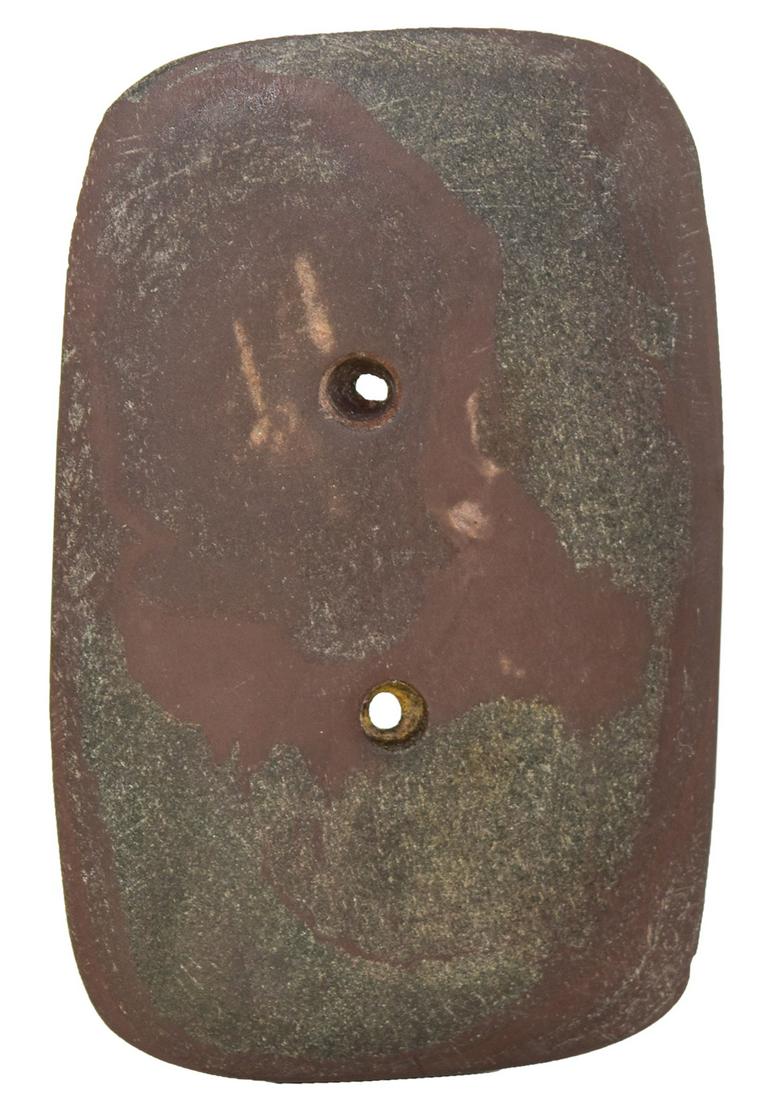 4" Gorget. Hancock Co, IN. Ex-Dr. Charles Gish. Well: 4" Gorget. Hancock Co, IN. Well made, very fine condition. Red Slate. Ex-Dr. Charles Gish