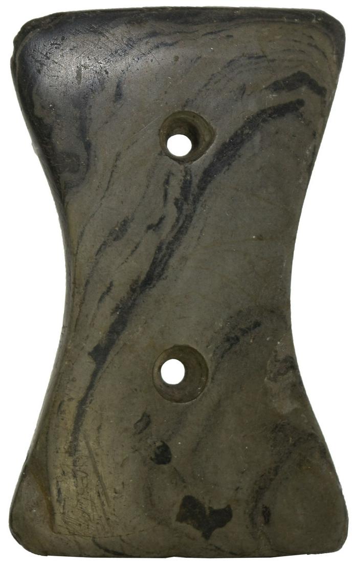 3 1/4" Bi-Concave Gorget. Ex-Dr. Charles Gish.: 3 1/4" Bi-Concave Gorget. Clinton Co, IN. Banded Slate. Fine condition. Nicely shaped. Ex-Dr. Charles Gish, Barbour (pre-1950) collections