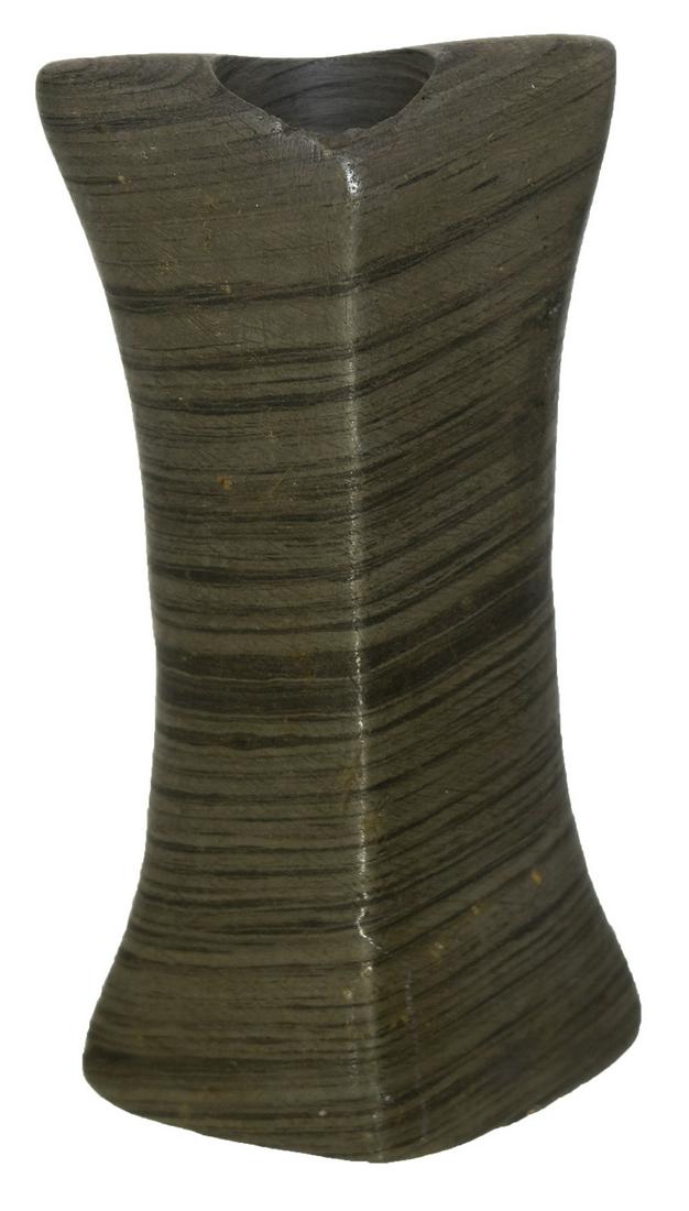 3" Triangular Bannerstone. PICTURED IN WW#2: 3" Triangular Bannerstone. White Co, IN. Rare type with narrow waist and large hole. Fine condition. Nicely banded green Slate. An old Gish family relic, pictured in Who's Who in Indian Relics #2 (196