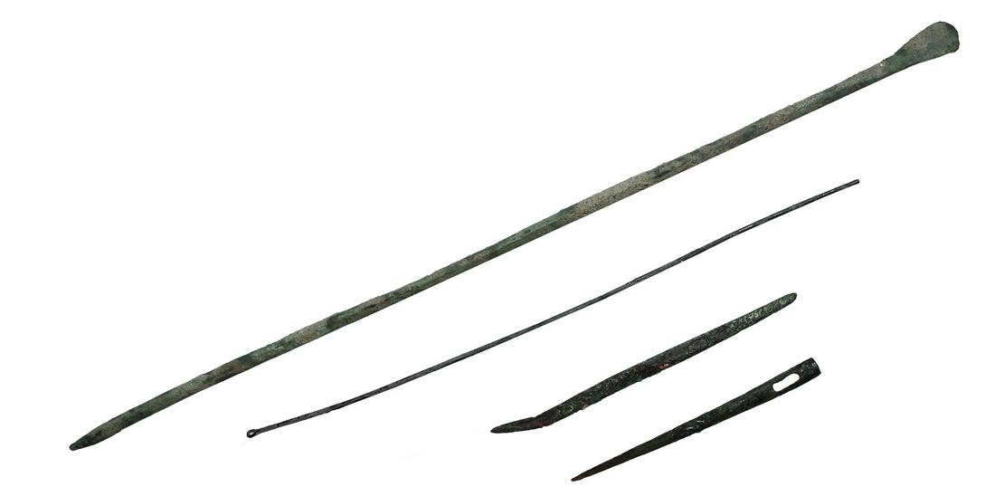 4 Copper Pins and Needles. 2 5/8" to 10". Jackson Co,: 4 Copper Pins and Needles. 2 5/8" to 10". Jackson Co, IL. All in fine condition. Ex-Tom Davis, Art Gerber. Pictured in The Art Gerber Story, p162