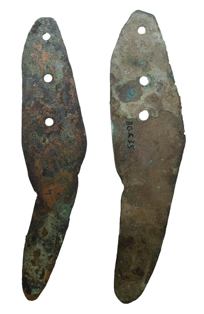 2 Hopewell Talon Effigy Copper Pendants Jackson Co,: 2 Hopewell Talon Effigy Copper Pendants 3 11/16" and 3 13/16". Jackson Co, IL. Fine condition. 3 Holes. Ex-Tom Davis, Art Gerber. Pictured in The Art Gerber Story, p162