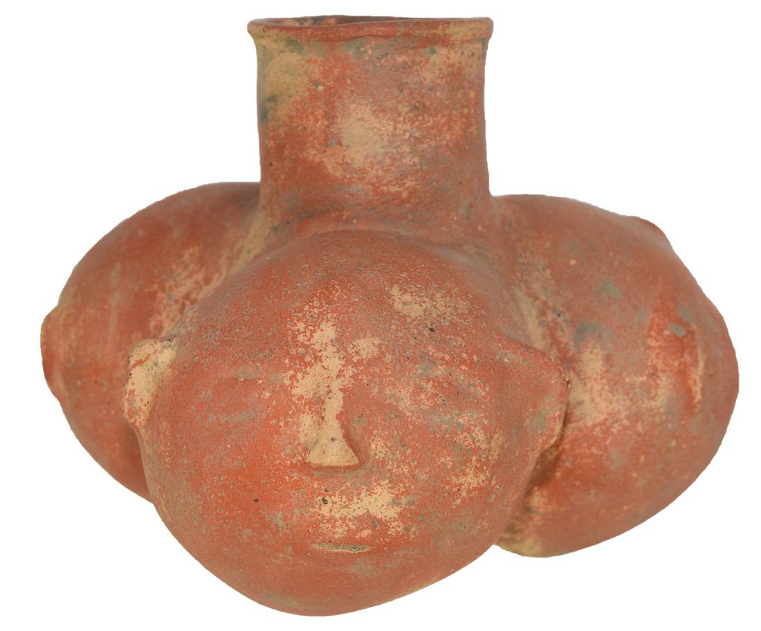 7 1/2" D. Three Headed Effigy Bottle. Pictured in: 7 1/2" D. Three Headed Effigy Bottle. Old Town Red. Restored with ample original red paint. Lonoke Co, AR. Ex-Rod Morgan, Jack Roberts, Dan Stroud, James Grindell. Pictured in CHAPA III (p119) and WW#