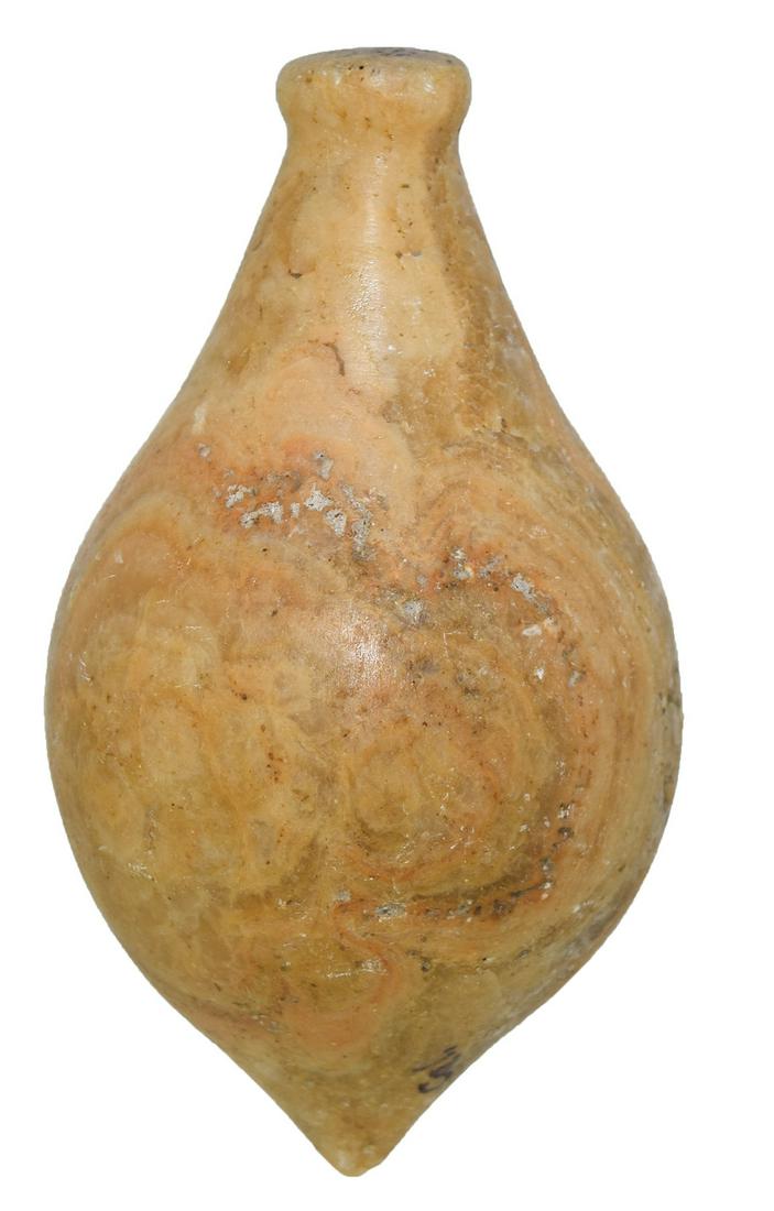 3 3/4" Knob Top Charmstone. CA. Fat body style. Good: 3 3/4" Knob Top Charmstone. CA. Fat body style. Good condition, few small nicks. Onyx-like material