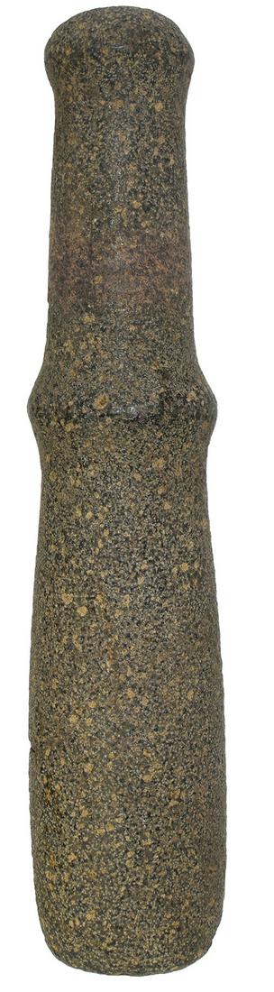 12 1/2" Handled Pestle. Northwest Coast (U.S.).: 12 1/2" Handled Pestle. Northwest Coast (U.S.). Large, well made from speckled Granite. Excellent polish. Rounded knob head and raised ring create handle. Very nice