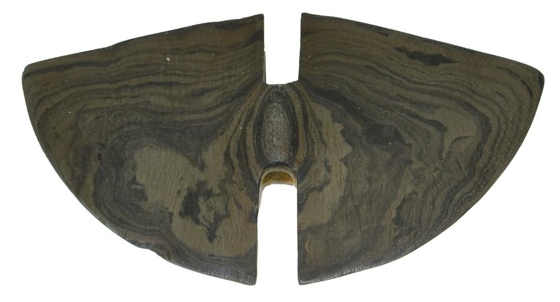 5 5/8" Double Notched Wing Bannerstone. Darke Co, OH.: 5 5/8" Double Notched Wing Bannerstone. Darke Co, OH. Banded Slate. Very good condition, slightly overcleaned by early collector. Found in 1955