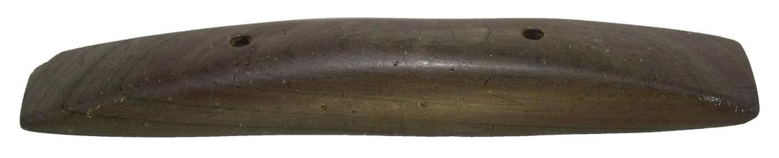 5 3/4" Red Slate Humped Keel Adena Gorget. Given to: 5 3/4" Red Slate Humped Keel Adena Gorget. Huron Co, OH. Ex-G.D. Smith. Given to Smith in 1876 by F.E. Phillips. Old information "scribed" into bottom was professionally filled by Dennis Bushey