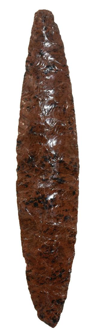7" Bi-Pointed Mahogany Obsidian Blade. Aztec. Mexico.: 7" Bi-Pointed Mahogany Obsidian Blade. Aztec. Mexico. Well made, slight damage to ends. Ex-Steve Bohm