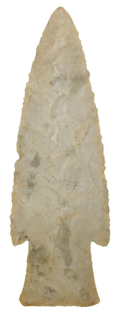 4 5/8" Hardin. Boone Co, MO. Ex-Jeff Hunt, Joe Kinker,: 4 5/8" Hardin. Boone Co, MO. Crescent Quarry (may be Boone Chert). Large, finely chipped. Ex-Jeff Hunt, Joe Kinker, Ed Buel. Putty G10 COA