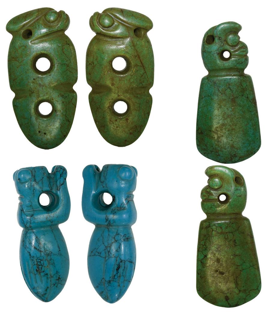 3 Axegod Pendants. 2 3/4"-3 1/4". Various materials,: 3 Axegod Pendants. 2 3/4"-3 1/4". Various materials, possibly forms of Jadeite. Costa Rica. All in fine condition. These may be early 20th century tourist trade