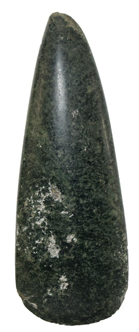 6 1/8" Mayan Jadeite Celt. Mexico. Pole has use: 6 1/8" Mayan Jadeite Celt. Mexico. Pole has use impact. Sleek, very well made with high polish. Pre-Columbian