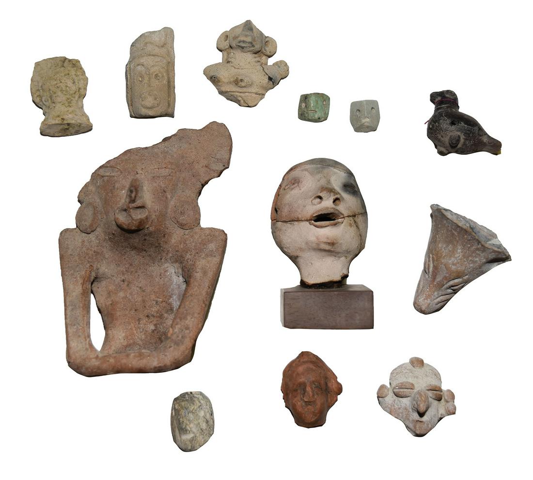 Neat Group of 12 Pre-Columbian Ceramic Heads and: Neat Group of 12 Pre-Columbian Ceramic Heads and Figures (3/4"-5 3/4"). Interesting study, includes 5 3/4" Veracruz Figurine, 2" Bird Effigy Whistle, two 3/4" Jadeite Heads and one Olmec type head mou