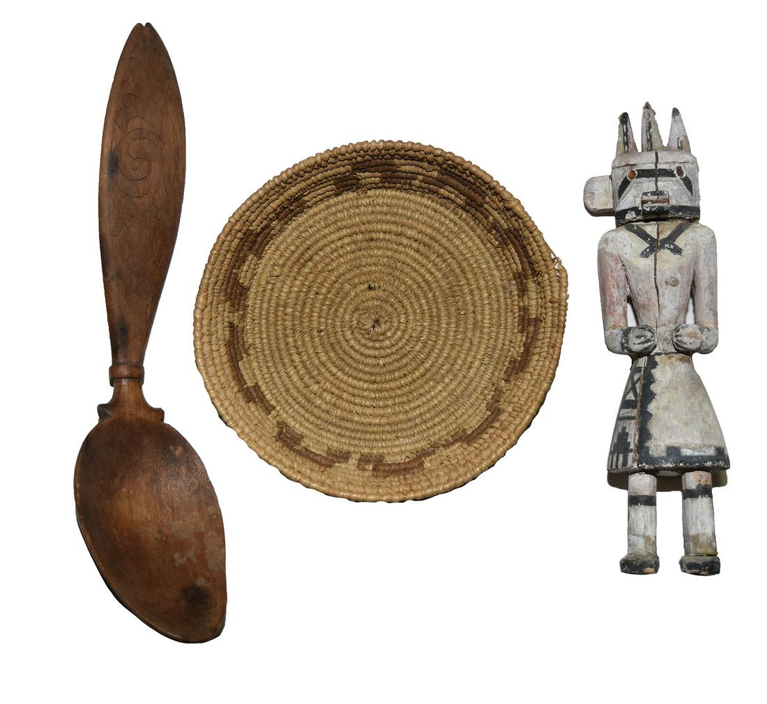 3 Historic Items from the Capt. Tom Miller Collection.: 3 Historic Items from the Capt. Tom Miller Collection. 8" Highly carved Wood Spoon, 4 1/2" D. Basket and neat old 6" Kachina (very fine, older example). 3/19/20: Added photos to listing.