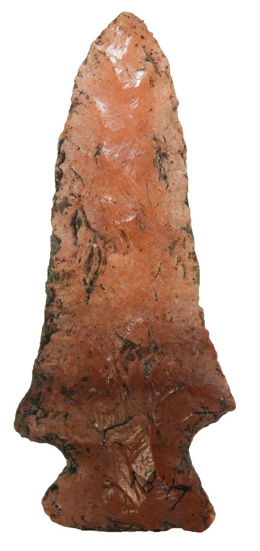 3" Helton Ferry. Dickey COA. Callaway Co, MO.: 3" Helton Ferry. Callaway Co, MO. Colorfully water stained chert. Ex-Tom Davis, Randy Hudson. Dickey G7 COA