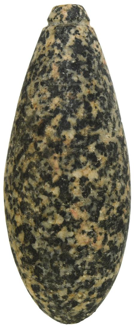 2 3/8" Hardstone Grooved Plummet. Alexander Co, IL.: 2 3/8" Hardstone Grooved Plummet. Alexander Co, IL. Polished black and white Granite. Fine condition