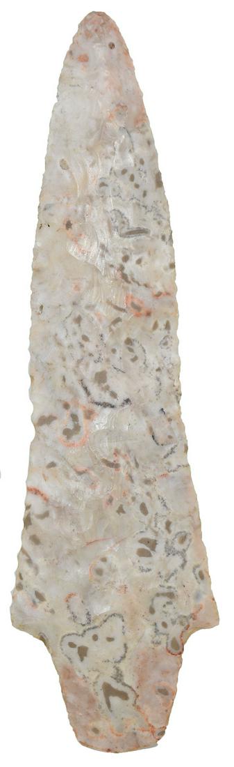 Coloruf 6 1/4" Dickson with Rogers COA. IL. Pict in: 6 1/4" Dickson. Central Illinois. Very well made. Made of vividly spotted, glossy Fossil Chert. Thin, very well made (G10). Ex-Gary Lewis. Pictured in The Relic List (#78). Davis G10 and Rogers COAs