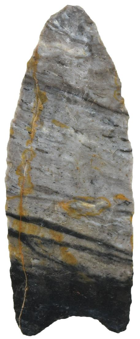 2 3/4" Clovis. Stark Co, OH. Striped Coshocton. Well: 2 3/4" Clovis. Stark Co, OH. Striped Coshocton. Well made, double fluted. Slight ding to tip. Putty G8+ COA. Added photos to listing showing fault lines in material