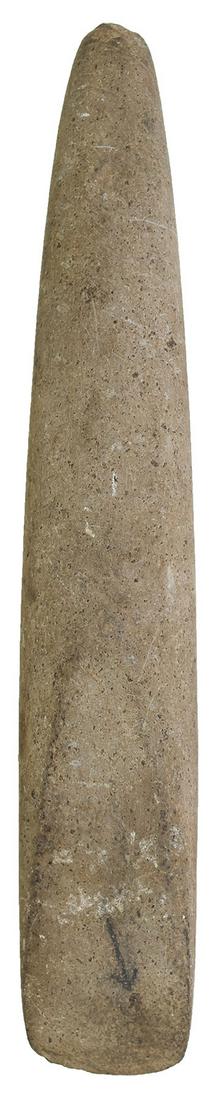 9 1/4" Gouge. New Guinea. Finely made. Polished: 9 1/4" Gouge. New Guinea. Finely made, very slight ding to pole. Polished gray Hardstone. Prehistoric. Ex-Robert Bourden