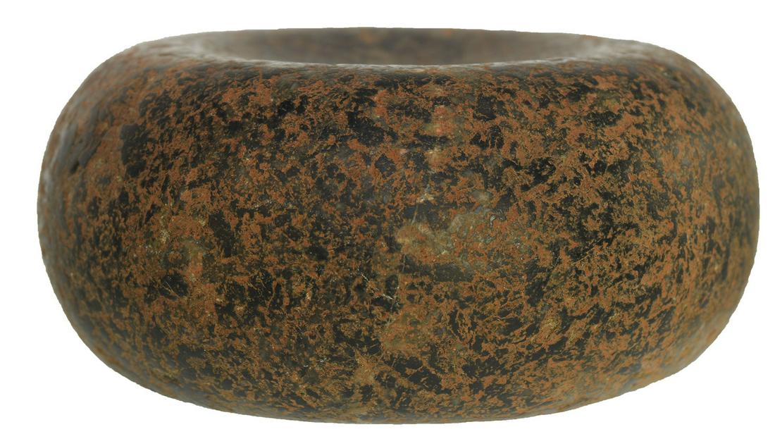 4 3/8" Jersey Bluff Discoidal. Jersey Co, IL.: 4 3/8" Jersey Bluff Discoidal. Jersey Co, IL. Black Hardstone. Polished with even weathering. Excellent symmetry. Ex-George Hoke