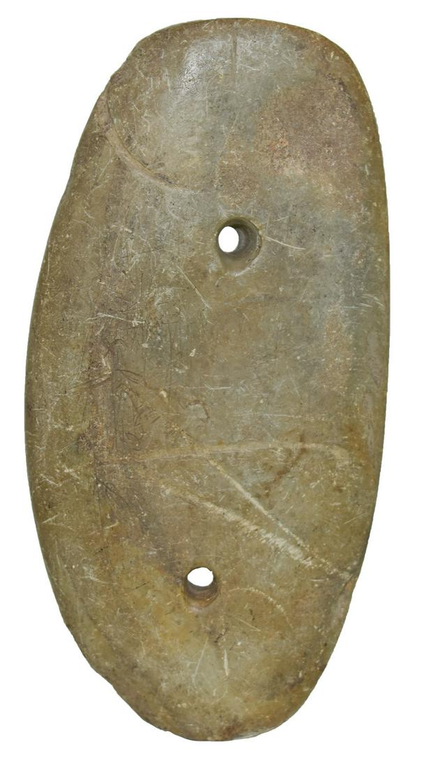 4 1/2" Hopewell Gorget. Dubois Co, IN. Fine polish.: 4 1/2" Hopewell Gorget. Dubois Co, IN. Fine polish, good old Gorget. "1875" incised into surface. Neat old example. Ex-Dr. Jeff Pyle