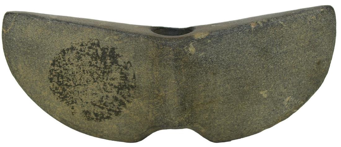 4 11/16" Winged Bannerstone. New Jersey. Classic: 4 11/16" Winged Bannerstone. New Jersey. Classic shape with thin wings and squared barrel. Bottom hole may have rework. Nicely polished gray Slate