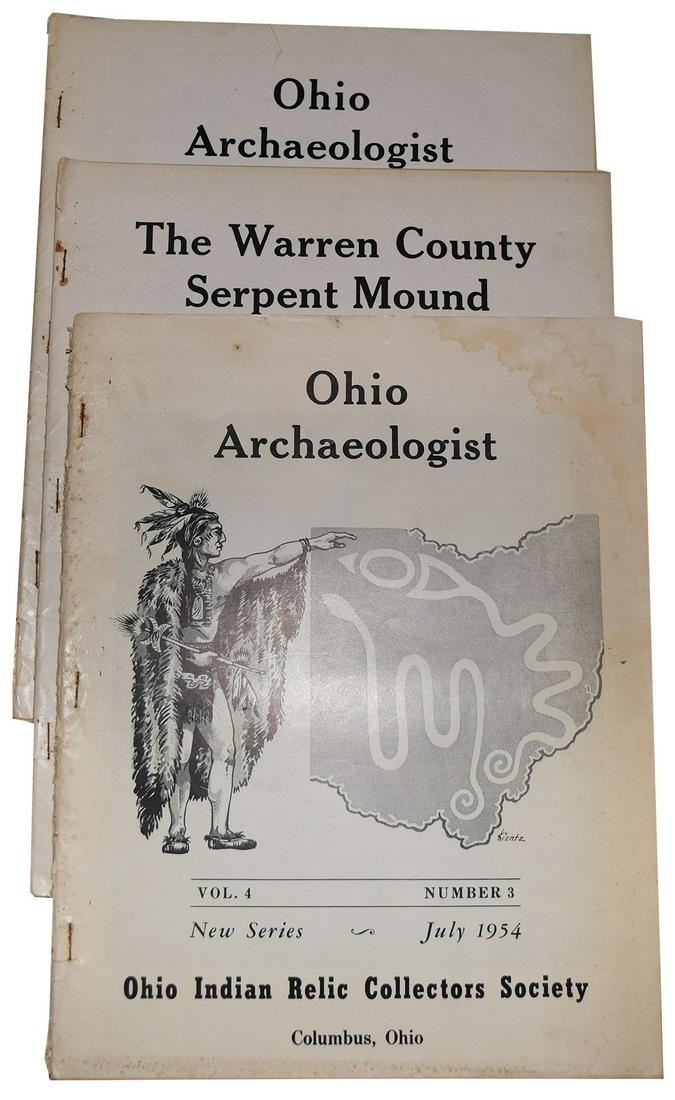 Three 1950's Ohio Archaeologist Journals: Three 1950's Ohio Archaeologist Journals. Oct. 1954, Sept. 1954 (Serpent Mound Issue), July 1954. Great old collector photos; Meuser Hardstone, Dr. Young Birdstones, Wachtel Birdstones.. Very good con