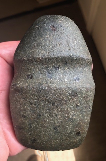 4 3/8" Iowa Axe from Cuckler Collection. Louisa: 4 3/8" Iowa Axe. Louisa Co, IA. Half Groove with slight groove on top. Nicely contoured edge. Polished green hardstone with black spots. Crisp lines, excellent condition. Fluted bottom. Ex-Gary Cuckle