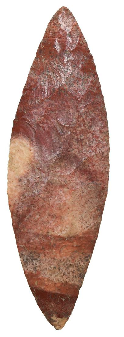 4 1/2" Bi-Point Blade. Osage Co, MO. Vivid: 4 1/2" Bi-Point Blade. Osage Co, MO. Very thin first stage Harahay. Vivid Strawberry Flint. Putty G10 COA