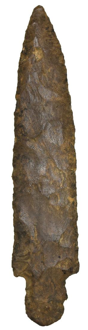 7 1/16" Beavertail Adena. Pictured in Tully's book.: 7 1/16" Beavertail Adena. Benton Co, TN. Thin. Nicely patinated Dover. Ex-Lawrence Tully, E.E. Curtiss. Well pictured in Flint Blades and Projectile Points (Tully, p73). Davis G9 COA