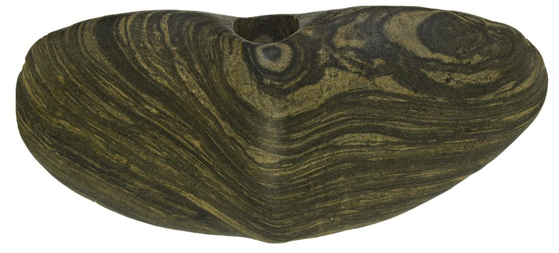 3 13/16" Winged Bannerstone. Wood Co, OH. Vividly: 3 13/16" Winged Bannerstone. Wood Co, OH. Vividly banded Slate. Very well made, excellent symmetry. Very fine condition