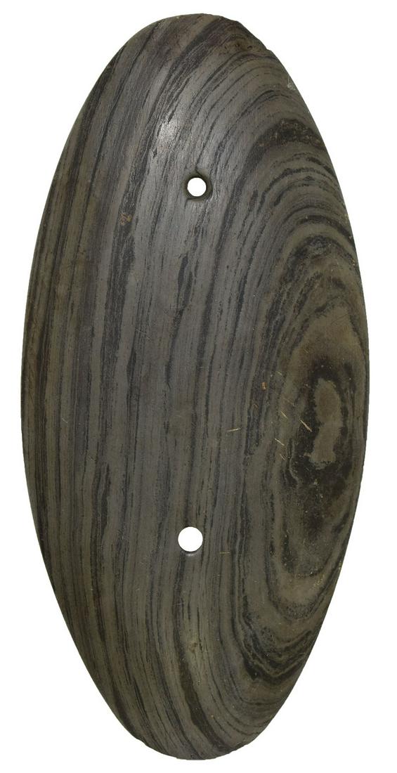 5 3/8" Elliptical Gorget once in Dilley Collection.: 5 3/8" Elliptical Gorget. Licking Co, OH. Nicely polished banded Slate. Very well shaped. Excellent condition. Ex-Gilbert Dilley, Theron Lee (#4008, North Massillon). Added photos to listing