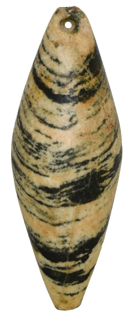 Dilley's "Zebra" Plummet. Polished Hardstone. Striking: Dilley's "Zebra" Plummet. 3 1/2" Drilled Plummet. Vivid black and white striped Hardstone. Old paper tag reads “Knox Co,. Indiana.” Ex-Gilbert W. Dilley. Copy of photo of plummet in Dilley's drawe