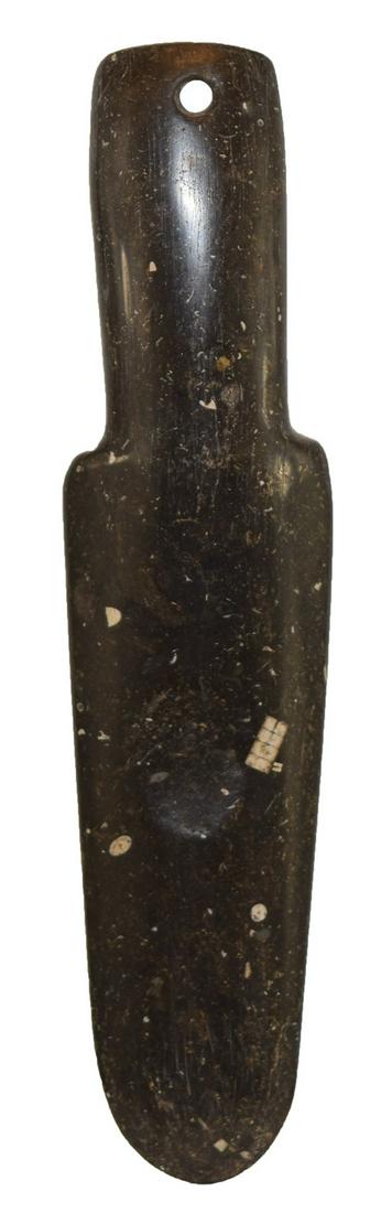 Rare 5 1/2" Socketed Spear Effigy Pendant. Ross Co,: 5 1/2" Socketed Spear Effigy Pendant. Ross Co, OH. Rare with socket and tallies. Made of a highly polished Fossil Limestone. Small fossil inclusions throughout the piece. Excellent condition. Ex-Gilbe