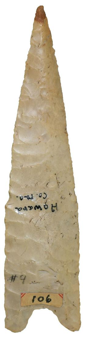 Finely flaked large Dalton with Rogers COA. Ex-Dr.: 5 11/16" Dalton. Howard Co, MO. Wonderfully flaked with uniform lateral pattern. Glossy Burlington Chert. Great history. Ex-Tom Davis, Dr. Paul Titterington. Davis G10 and Rogers COAs. Featured in thi