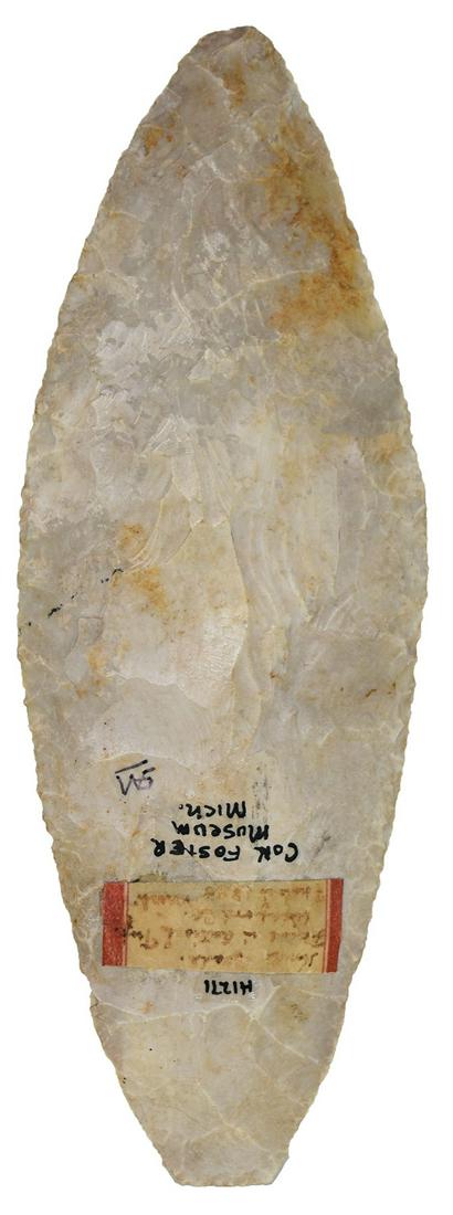7 1/8" Paleo Blade. Wexford Co, MI. Large and well: 7 1/8" Paleo Blade. Wexford Co, MI. Large and well made. Very thin. Glossy gray and beige mottled chert. Ex-Jeff Hunt. Deaccessioned from the Con Foster Museum. Bennett COA