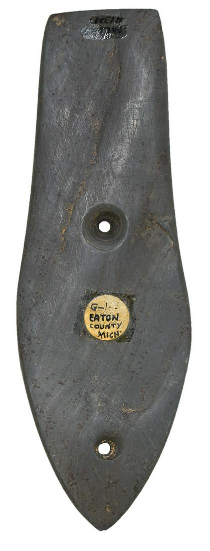 Fine 7 1/2" Sandal Sole Gorget. Ex-Stephens, Johnston.: 7 1/2" Sandal Sole Gorget. Eaton Co, MI. Large, thin and very well made. Rare in this condition (G10). Green Slate. Ex-Jim Hovan, B.W. Stephens (G-123, acquired 1955), Ladow Johnston. Very nice