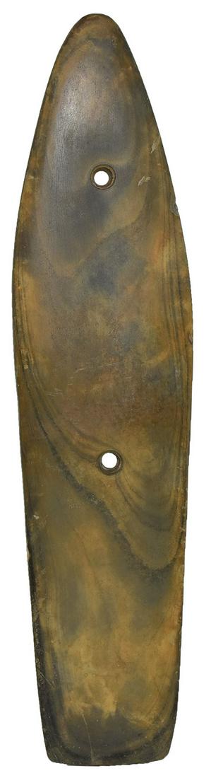 Dilley's centerpiece (8 3/4") Glacial Kame Slate: 8 13/16" Glacial Kame Slate Sandal Sole Gorget. Found in a gravel bar in Logan Co, OH. Nicely polished banded Slate with gold hue. Broken (one clean break) and glued. Pictured prominently (center of D